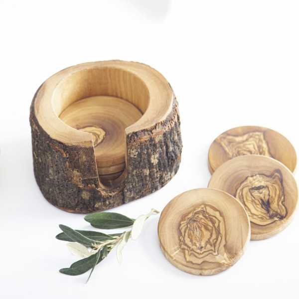 Support en bois d'olivier avec 6 sous verres  - 3