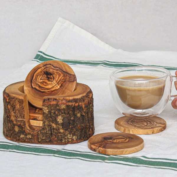 Support en bois d'olivier avec 6 sous verres