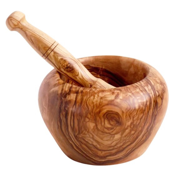 Round Olive Wood Mortar with Pestle