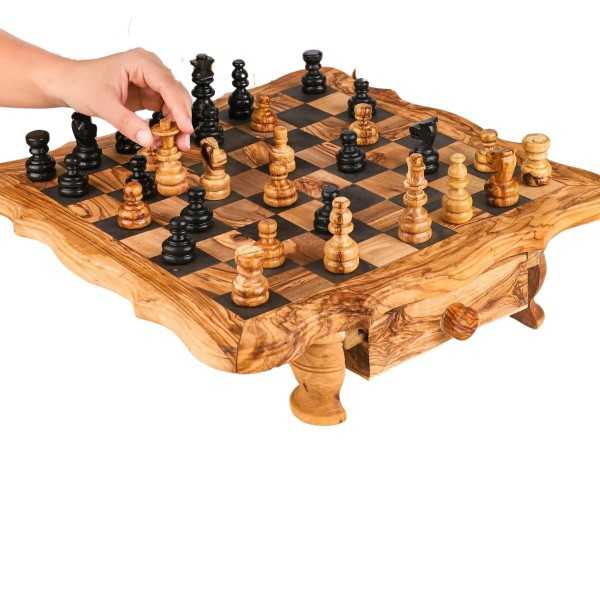 Jeu d'échecs avec tiroir en bois d'olivier