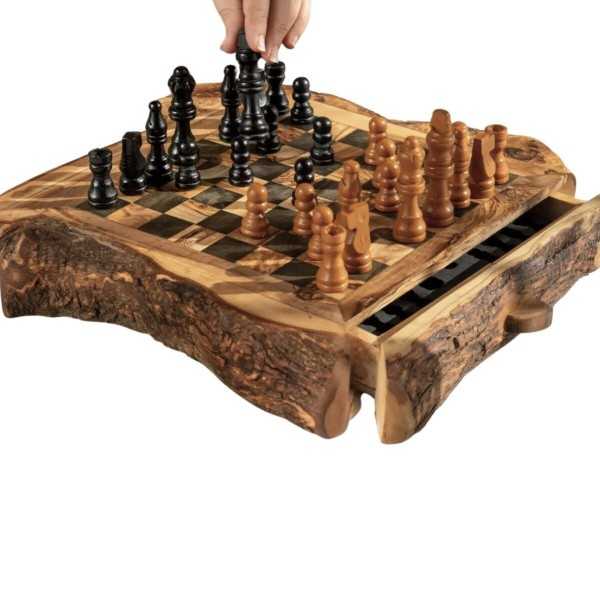 Jeu d'échecs rustique en bois d'olivier